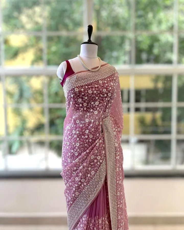 Silk Fabric Chikankari Work With Silk Saree - Image 2 in Surat